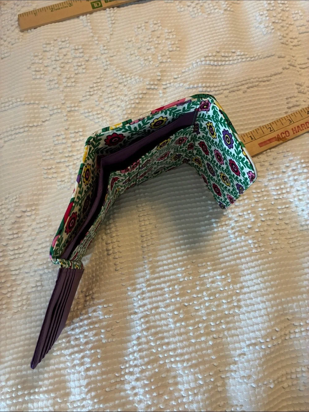 Vera Bradley Green Floral Quilted Trifold Wallet with Purple Trim